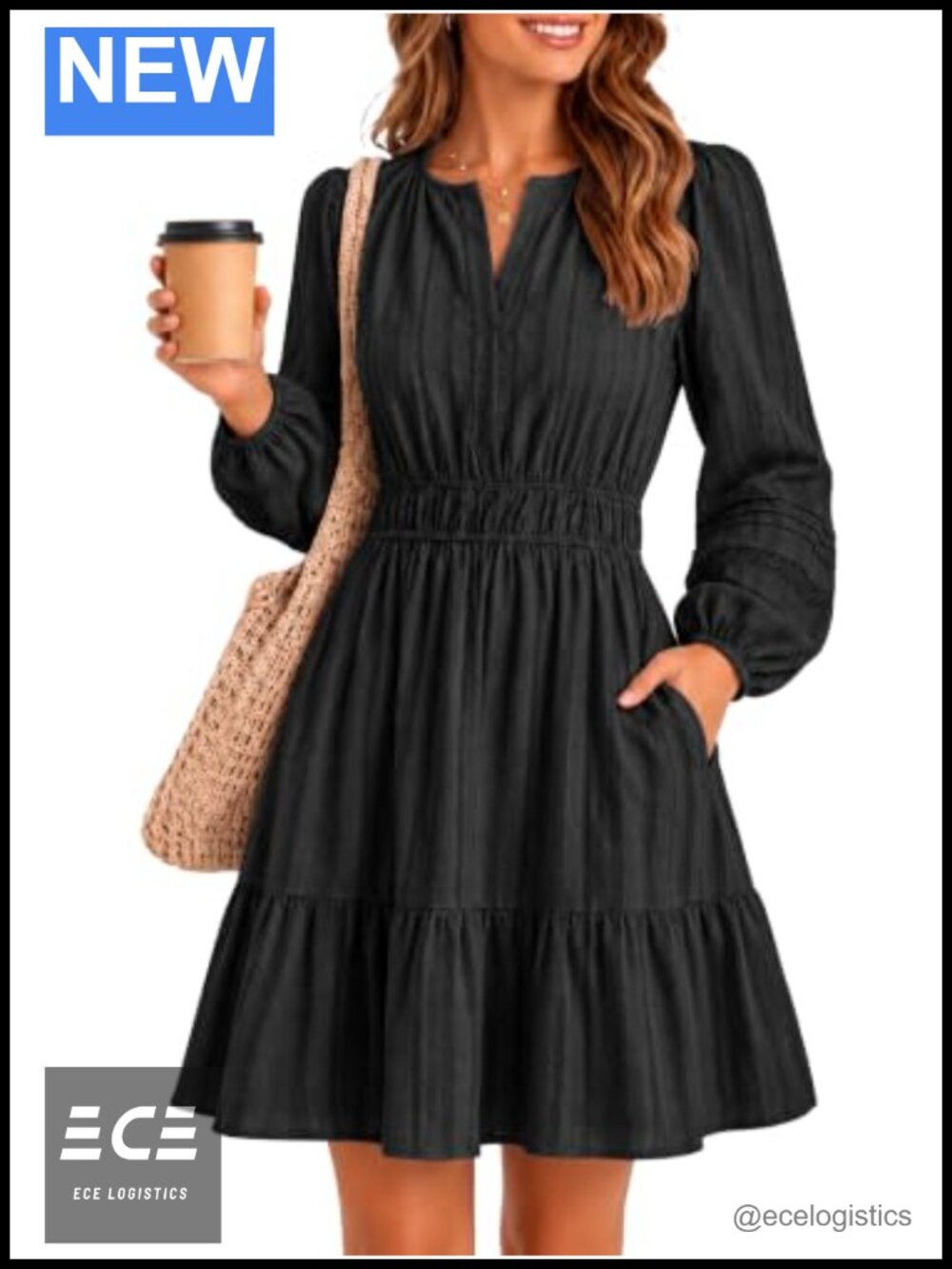 Long Sleeve A-Line Mini Dress with Pockets Smocked Waist